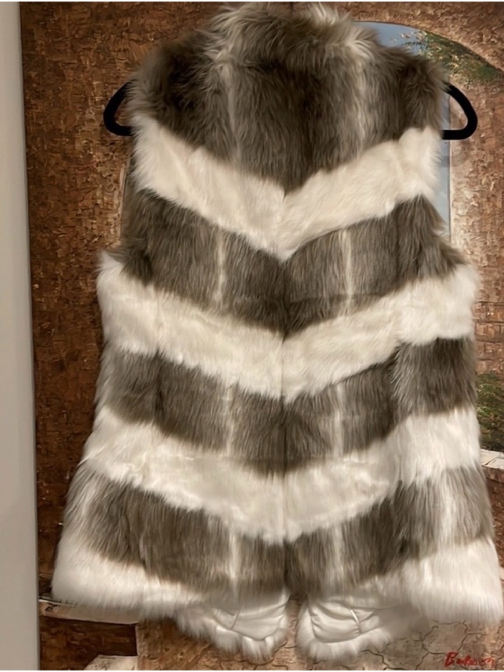 White House Black Market Striped Faux Fur Vest in Cream and Taupe size M
